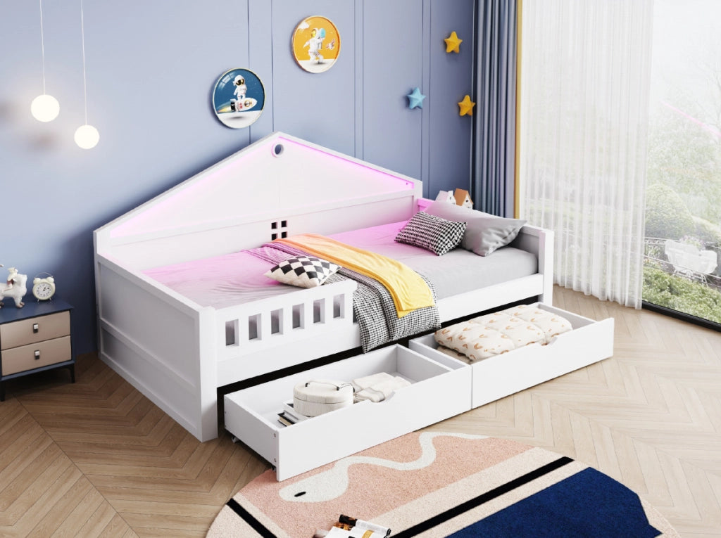 Letto singolo per bambini 90x200 cm in legno con LED integrato e cassetti, bianco