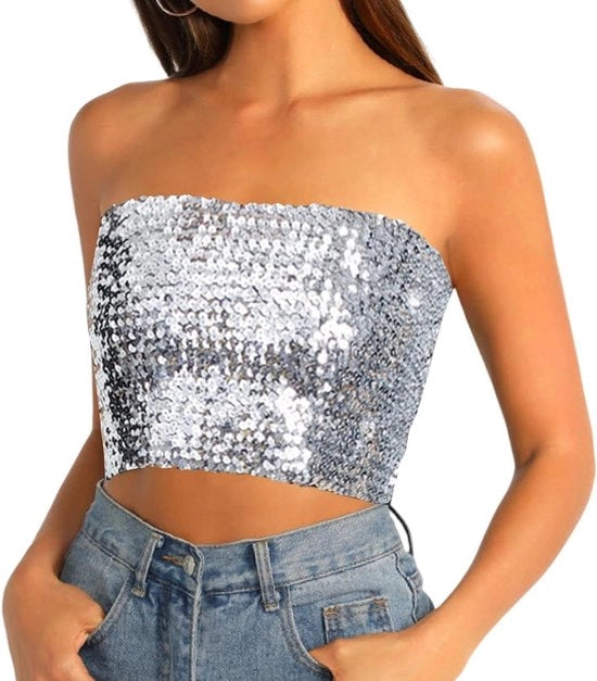Top a manica corta con pailletten per donne per feste da discoteca - Crop-top senza spalline