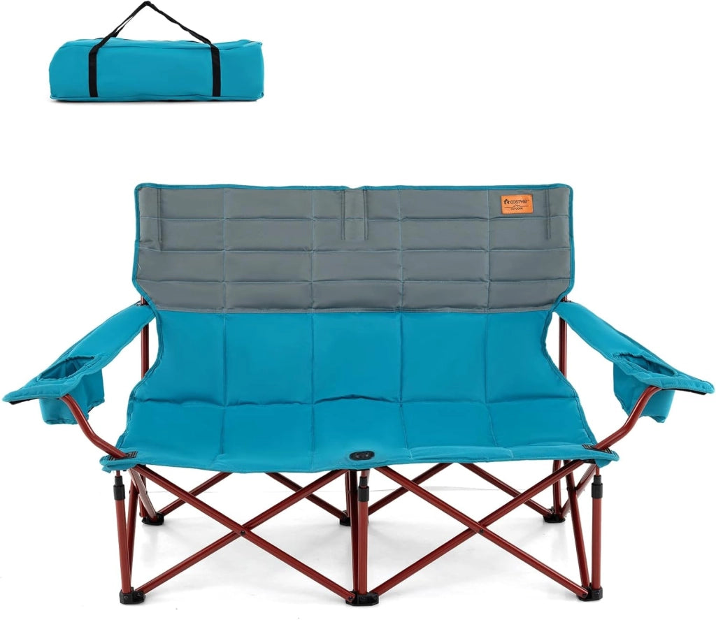 Sedia da Campeggio per 2/3 Persone, Divano per Picnic Pieghevole con Braccioli Regolabili e Portabicchieri, Sedia da Esterno Portatile con Borsa da Trasporto (147 x 69 x 82 cm,Blu)