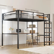 Letto a soppalco in metallo 140x200 cm nero con scala di sicurezza; tavolo e ripiani