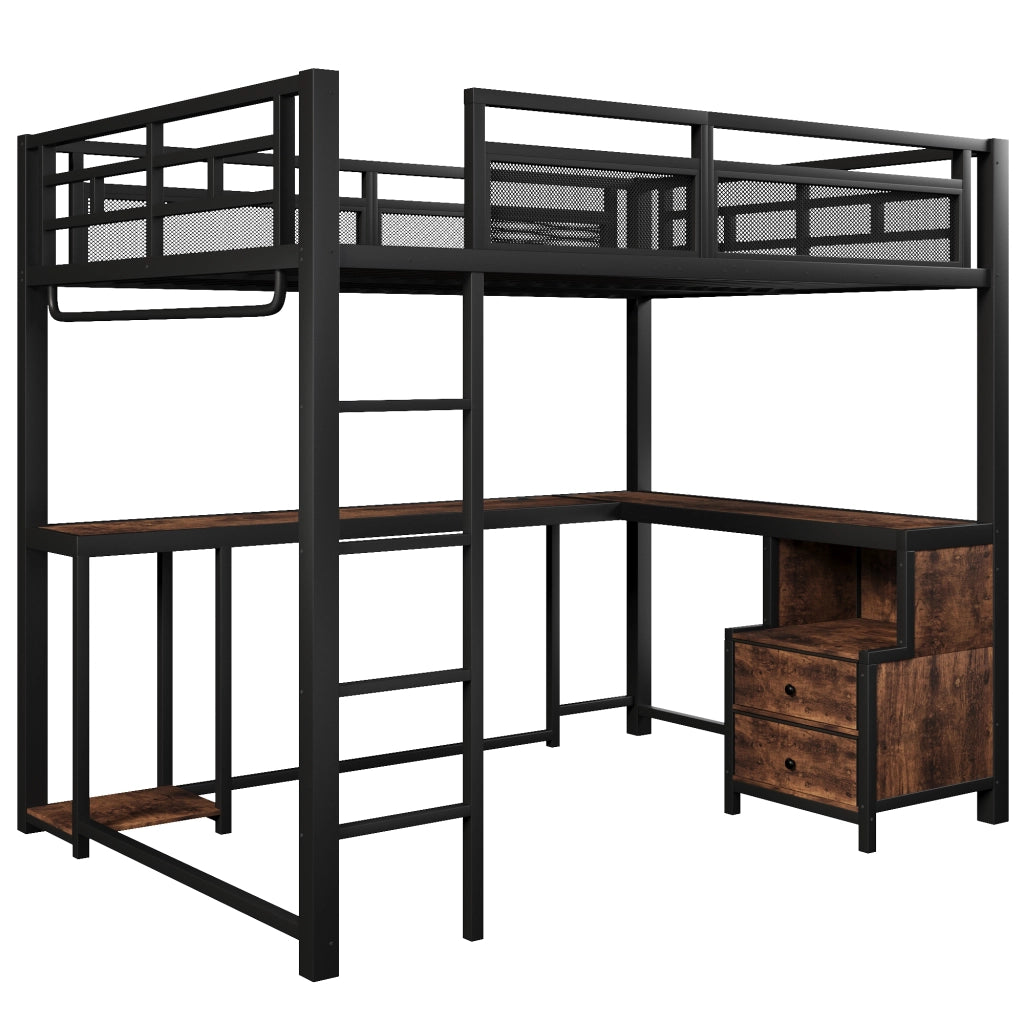 Letto a Soppalco 140x200 cm - LED; USB; Scrivania e Mensole in Metallo e Legno