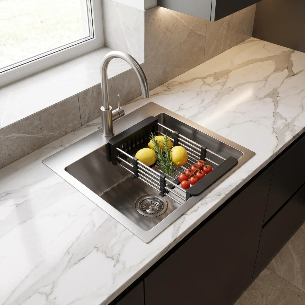 Lavello In Acciaio Con Set Di Accessori 3 Pz. Rea Leo 40 Brush Nickel Accessori beige