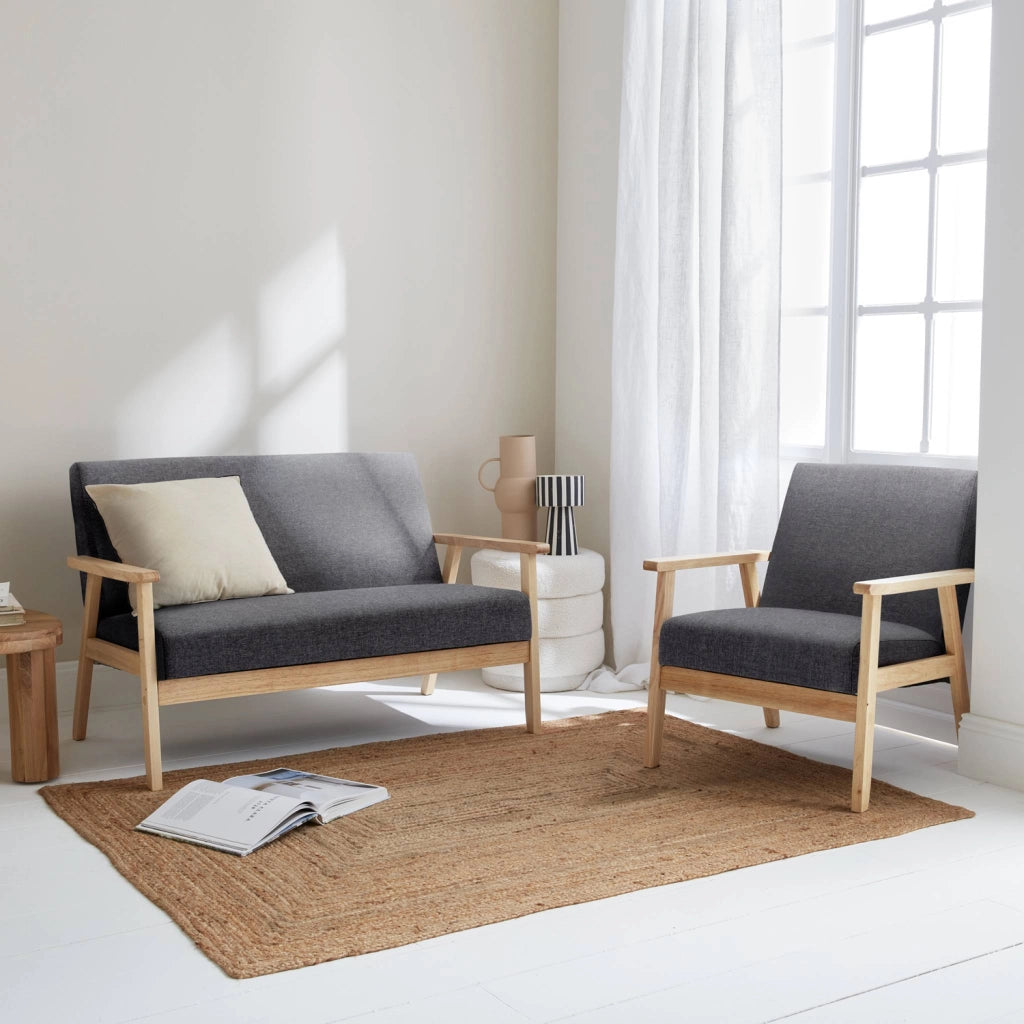 Set panca e poltrona in legno e tessuto, 3 posti, grigio scuro