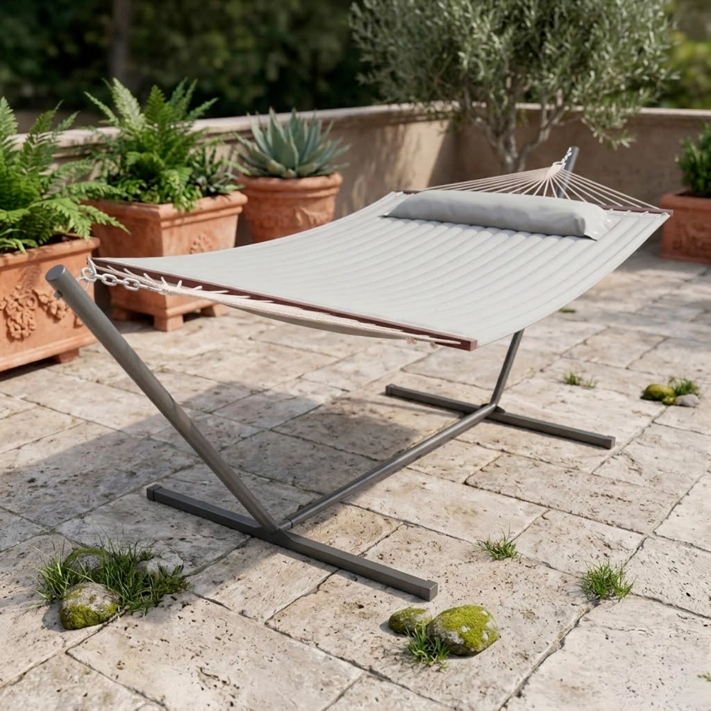 Amaca Matrimoniale Da Esterno Con Supporto Tubolare In Acciaio Tessuto Resistente E Traspirante Perfetta Per Relax In Giardino Veranda Terrazzo Balcone E Piscina 350 x 120 Cm Grigio