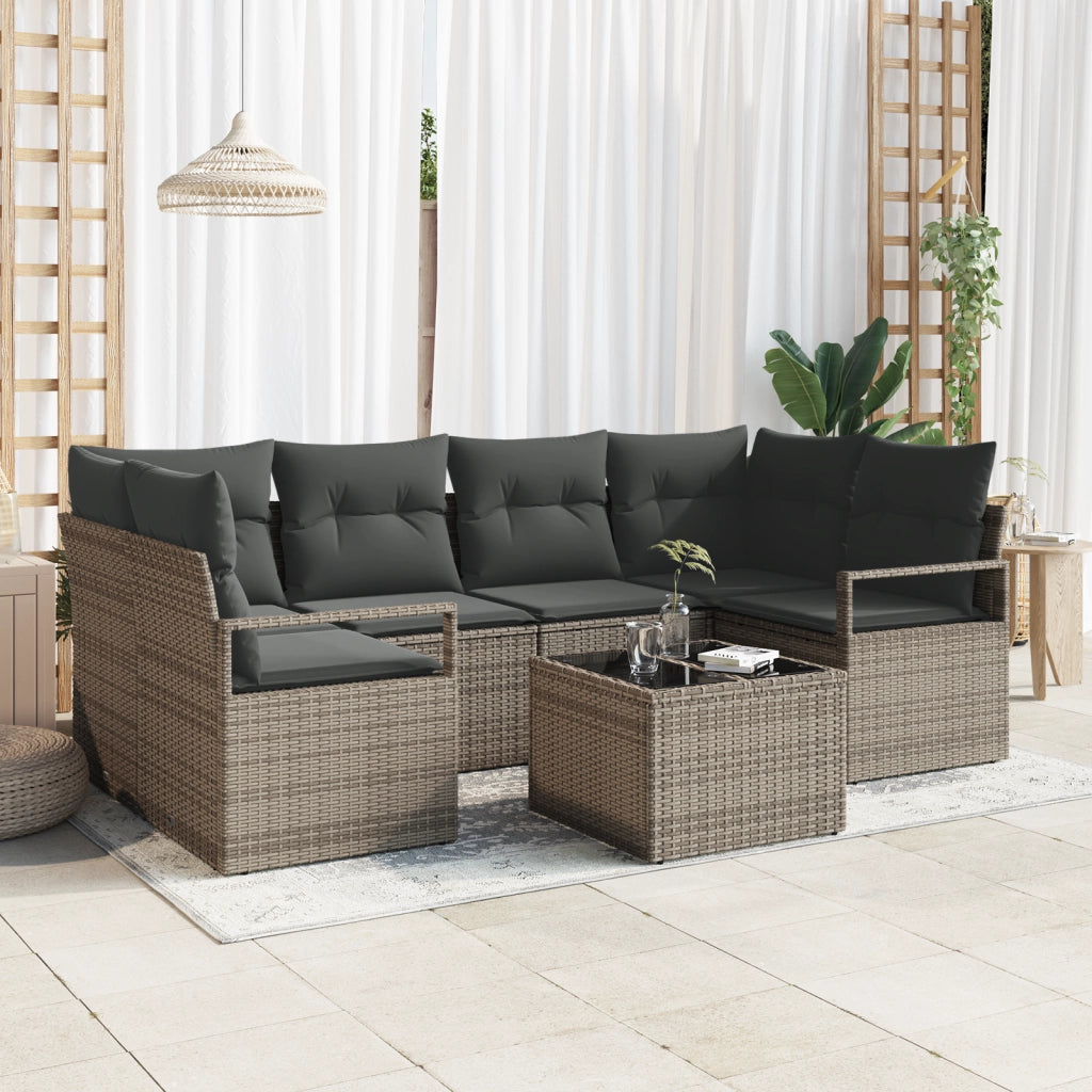 Set Divano da Giardino 7 Pezzi con Cuscini Grigio Polyrattan