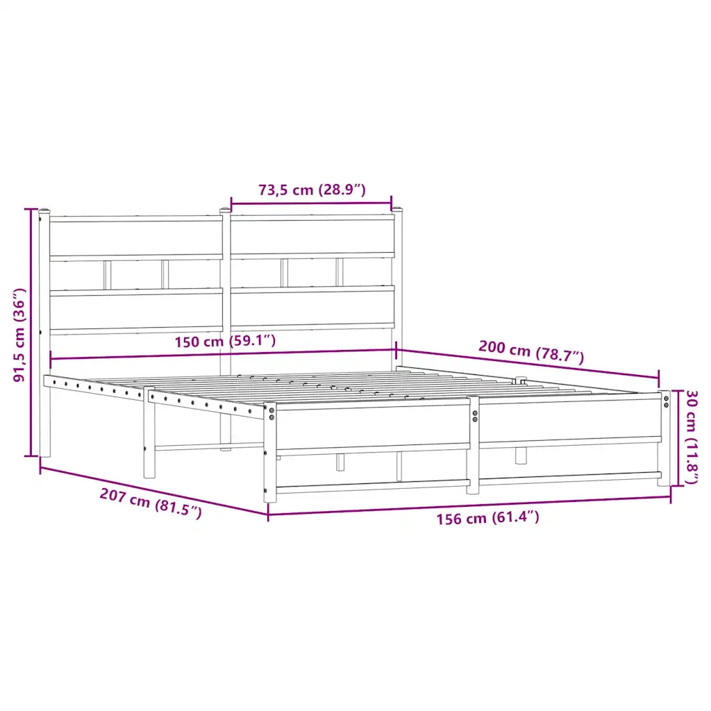 Letto matrimoniale | Letto per adulti | Giroletto senza Materaso in Metallo Rovere Fumo 150x200 cm
