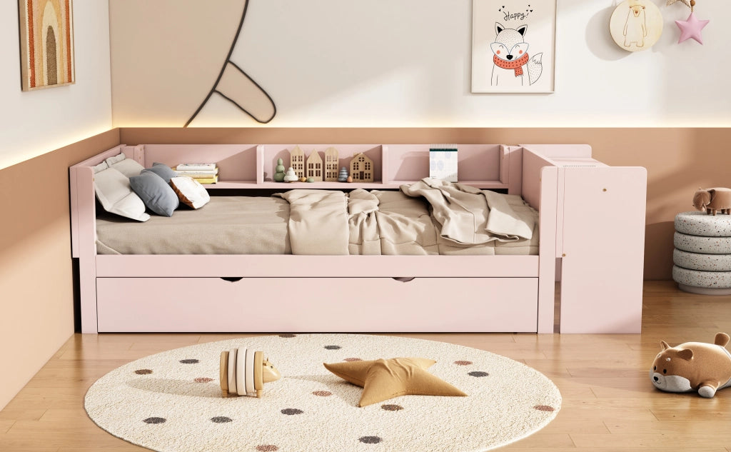DESMIU Letto bambino 90 × 200 cm con letto estraibile, scrivania e 3 ripiani, senza materasso, rosa