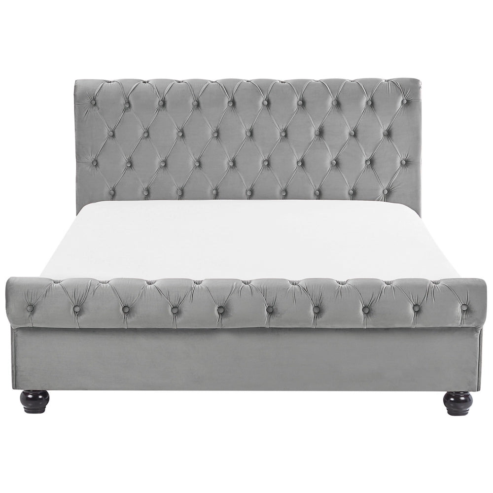 Letto Rivestimento in velluto grigio Gambe in legno Nero matrimoniale 140 x 200 cm con bottoni Glam