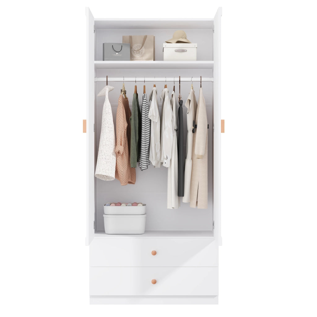 Armadio 90x45x200 cm con 2 cassetti e asta appendiabiti in legno MDF e acciaio bianco