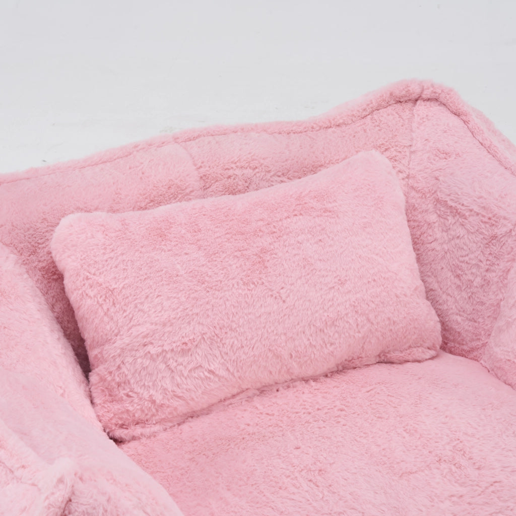 Pouf lounge ergonomico con schienale avvolgente e poggiapiedi per soggiorno e camera da letto in finta pelliccia rosa