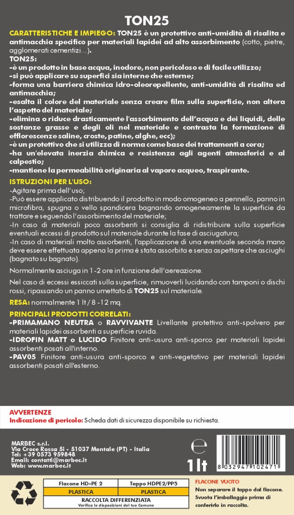 Trattamento idrorepellente antimacchia cotto e pietre TON25   1LT
