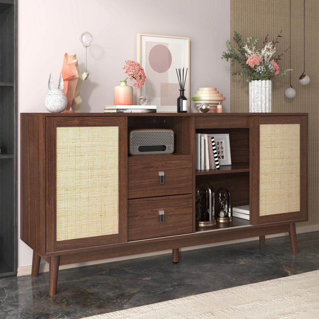 Credenza con ante scorrevoli in rattan - Zephmum- 155x38x80 cm, stabile e versatile