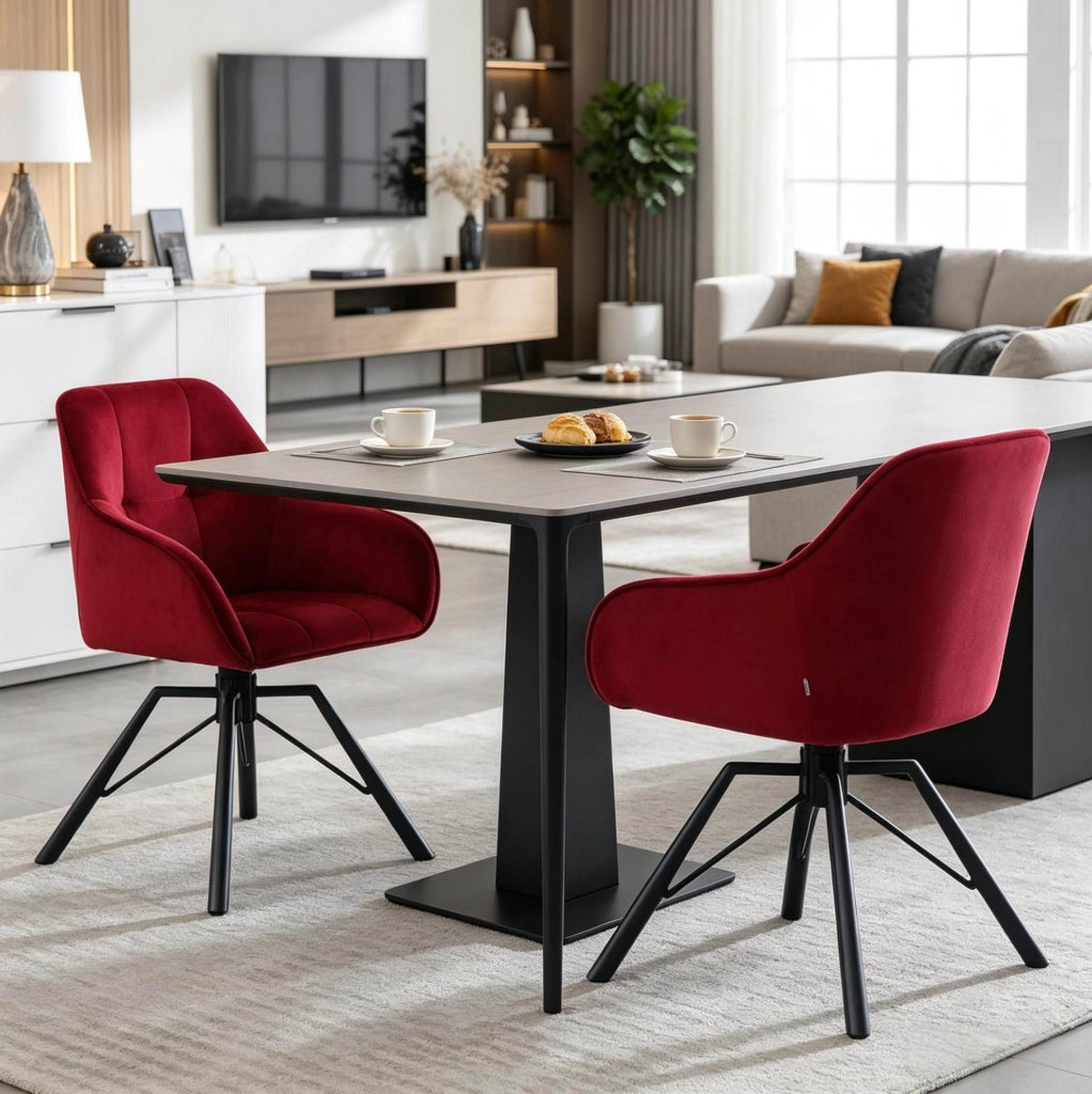 Set 2 sedie da pranzo girevoli in velluto rosso vino