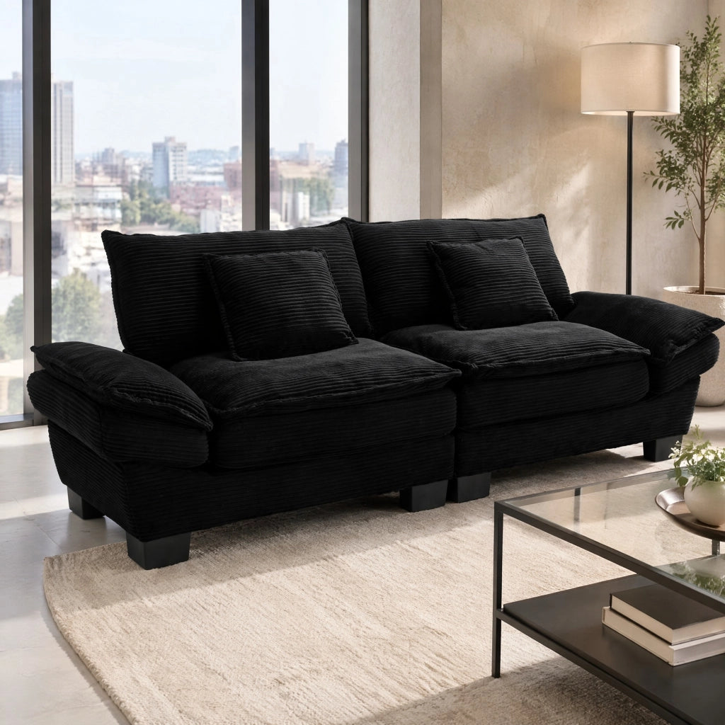 Divano a 2 posti in velluto nero 224x81x81 cm con braccioli imbottiti e cuscini