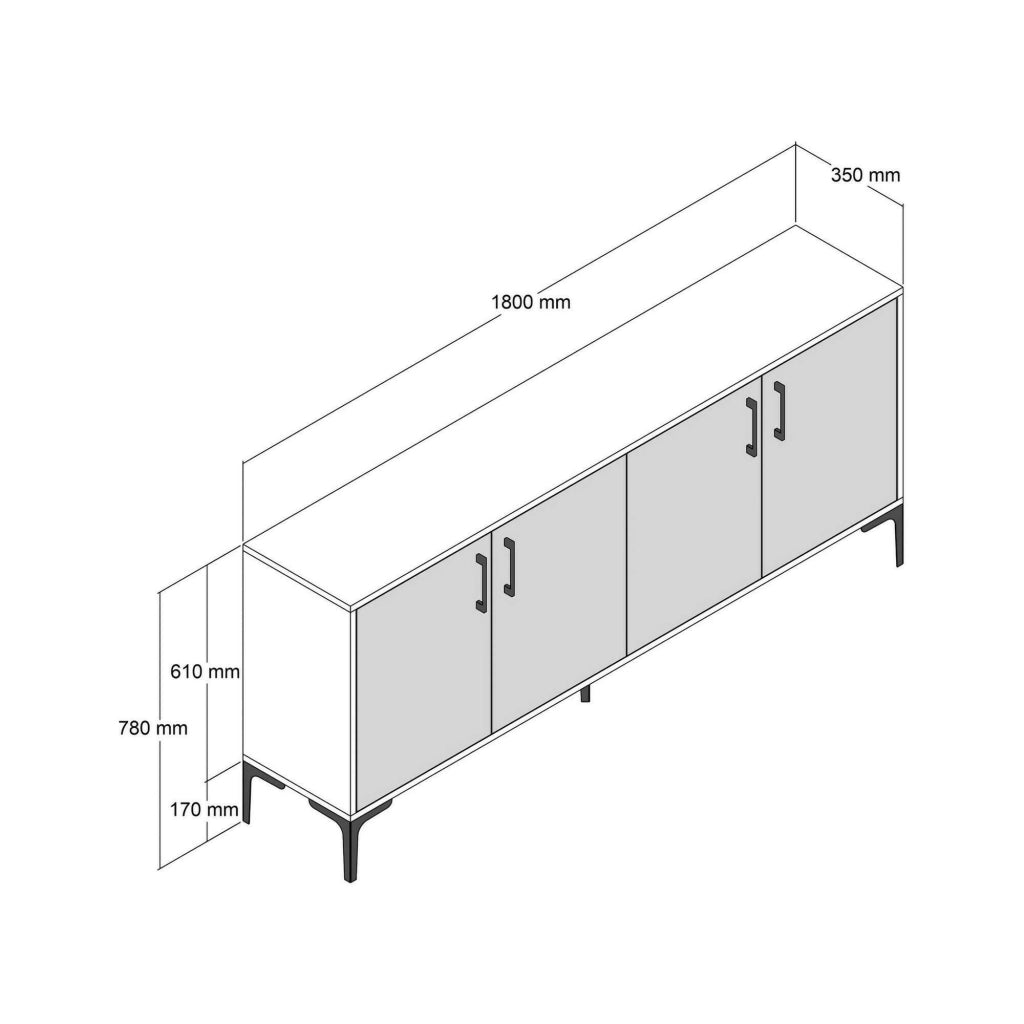 Credenza Agape, Buffet da soggiorno, Madia da salotto, Dispensa da cucina, 180x35h78 cm, Noce e Bianco