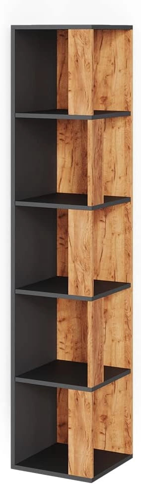 Scaffale angolare Lio, Quercia dorata, 33.3 x 162.2 cm, per riporre libri e decorazioni negli angoli della stanza