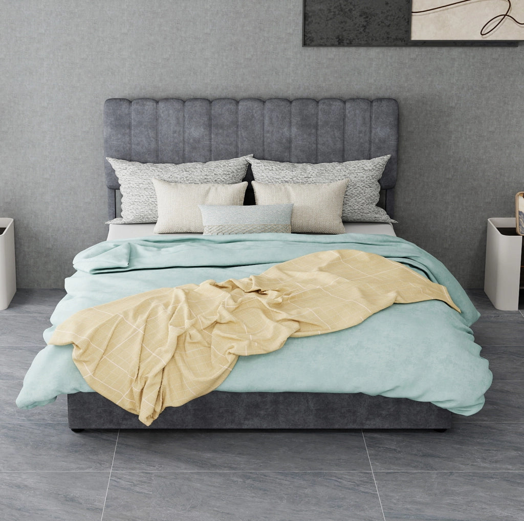 Letto imbottito 140x200 cm grigio con contenitore e testiera morbida