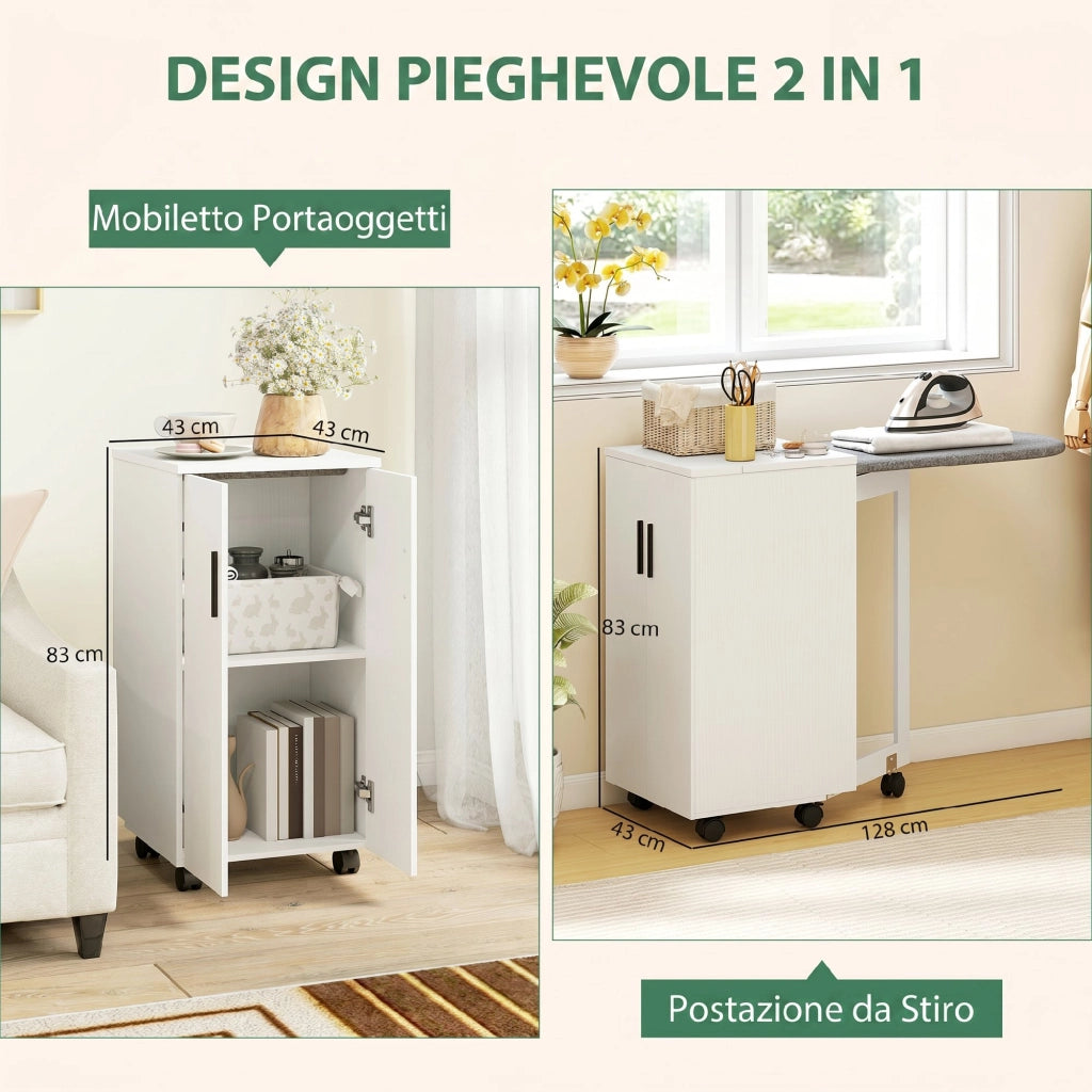 Mobile da Stiro Pieghevole 128x43x83 cm a Ruote con Mensola Regolabile e Chiusura Morbida in Legno e Tessuto Bianco