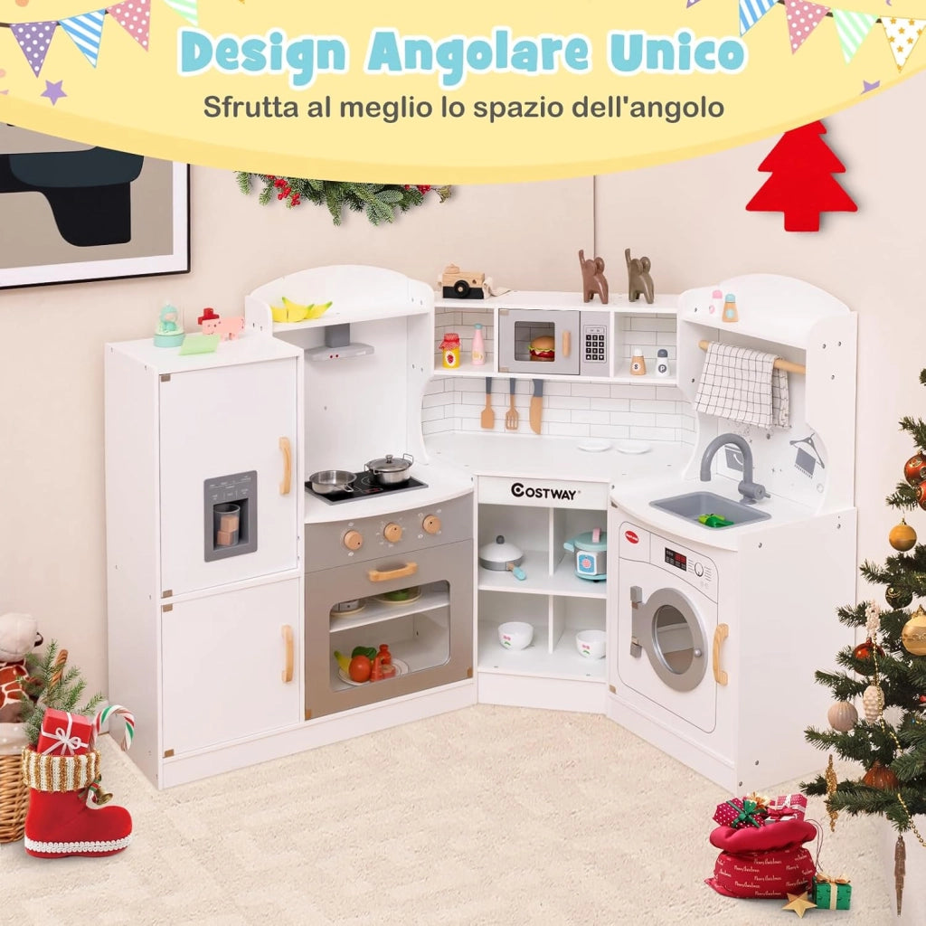 Set Gioco da Cucina per Bambini d'Angolo, Cucina Giocattolo in Legno con Macchina di Ghiaccio, Microonde, Lavatrice e Accessori, con Suoni e Luci, per Bambini 3-10 Anni (Bianco)