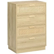 Cassettiera Design Bohémien in Rattan con 4 Cassetti, Mobile Guardaroba per Soggiorno, Corridoio, Ingresso, Legno Naturale