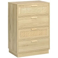 Cassettiera Design Bohémien in Rattan con 4 Cassetti, Mobile Guardaroba per Soggiorno, Corridoio, Ingresso, Legno Naturale
