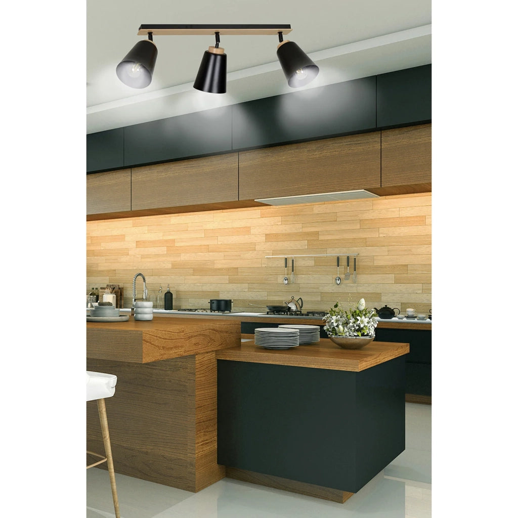 Plafoniera Faretti Spot Orientabili 3 Luci Xiwangmu Acciaio Nero E Legno Naturale