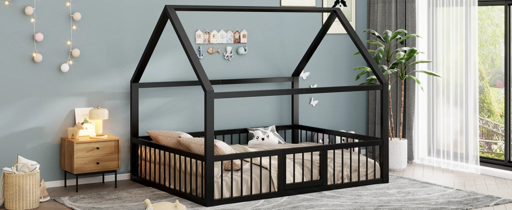 DESMIU Letto per bambini 2 posti con sponde e tetto, 140 × 200 cm, senza materasso, in metallo, nero