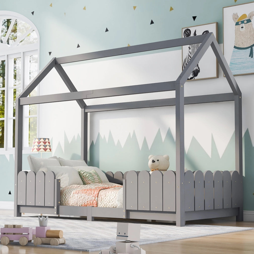 Letto a casetta per bambini 90x200 cm in legno grigio con sponde e rete a doghe