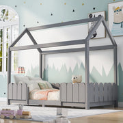 Letto a casetta per bambini 90x200 cm in legno grigio con sponde e rete a doghe