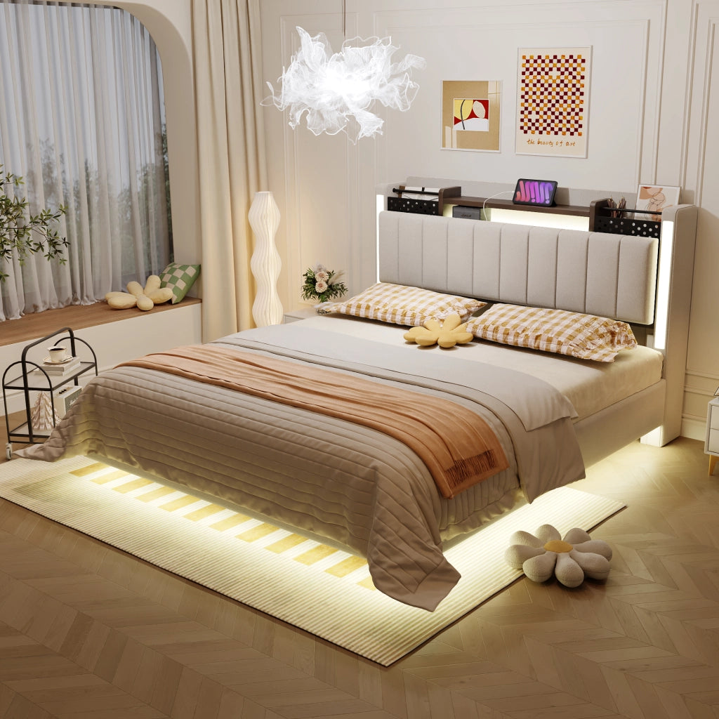 LETTO Imbottito 140x200 cm Beige con LED e porta USB