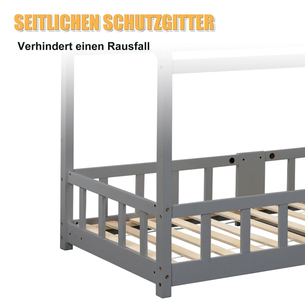 DESMIU Letto a casetta per bambini 1 posto con lavagna e sponde di sicurezza, 90 × 200 cm, senza materasso, legno massello grigio