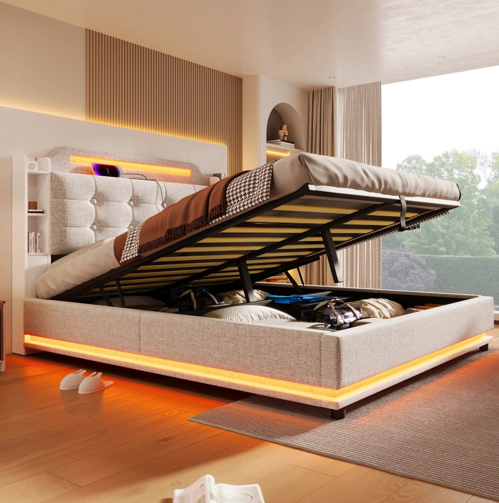 Letto matrimoniale imbottito 140x200 cm in lino beige con LED; contenitore idraulico e porte USB + Type-C