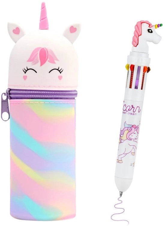 Set di 2 scatole per ragazze, scatola per ragazze 2-in-1 Kawaii scatola unicorno & Set di 10 pennarelli Rollerball Multicolor per scuola/ufficio/bambini - materiali didattici con chiusura a righello