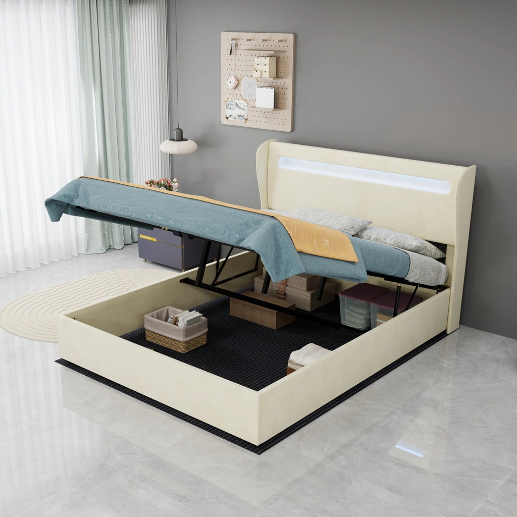 Letto imbottito con testiera regolabile e LED multicolore; 140 x 200 cm; beige