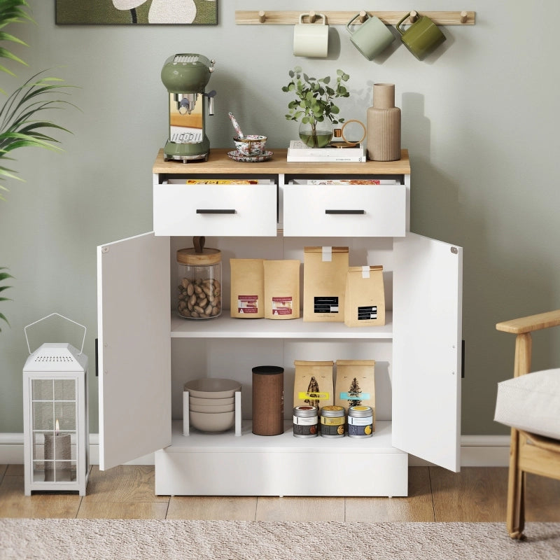 Credenza con 2 cassetti; ripiano regolabile e 2 vani; per soggiorno e cucina; in legno bianco; 68.6×35×90.3 cm