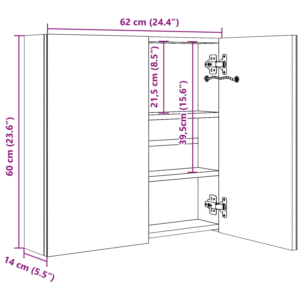 Armadietto Bagno con Specchio e LED Grigio Cemento 62x14x60 cm cod mxl 60662