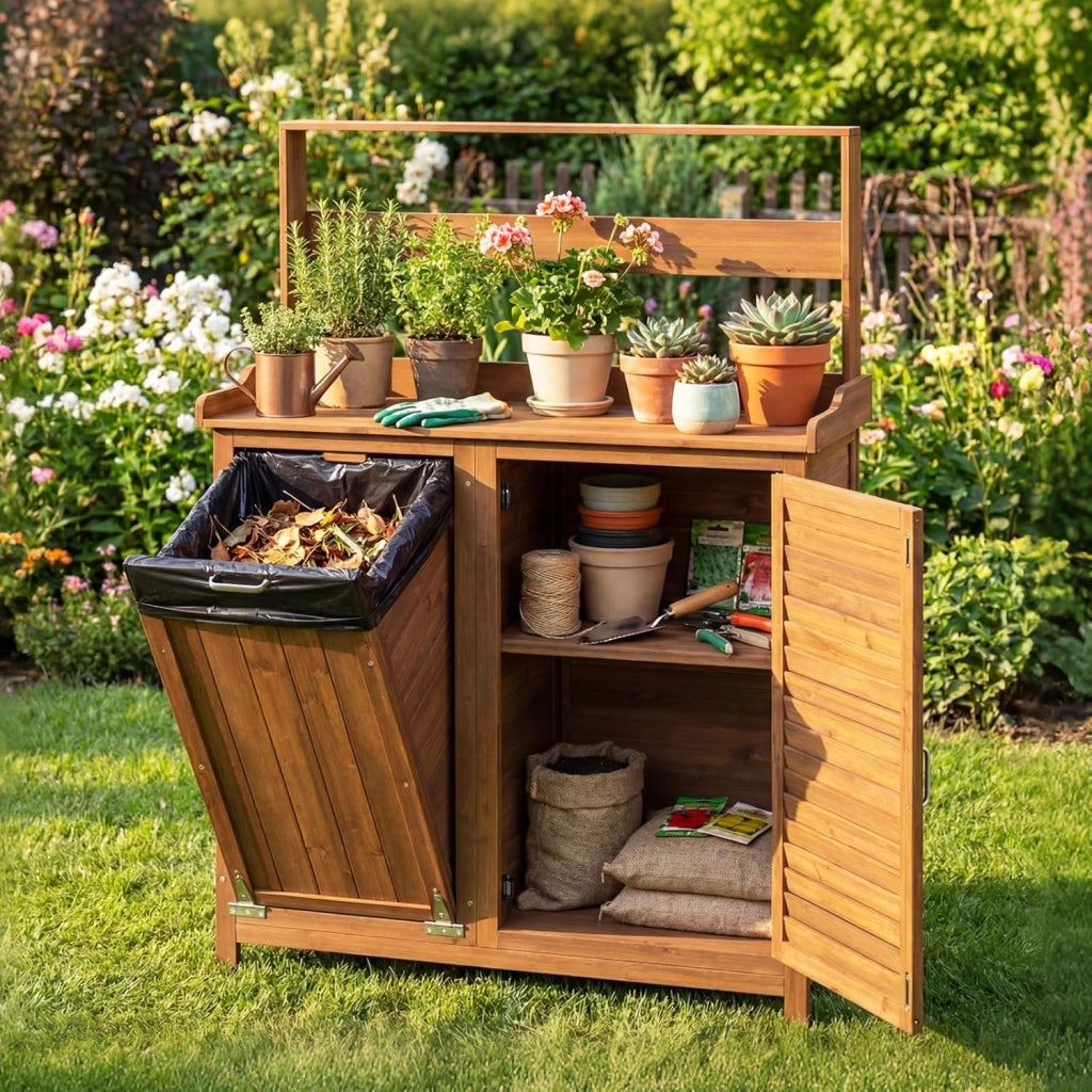 Tavolo da Giardinaggio, Armadietto da Esterno in Legno Massello con Ripostiglio, Ripiani Rimovibili e 2 Ante, Tavolo da Lavoro per Piante da Giardino, Prato e Cortile