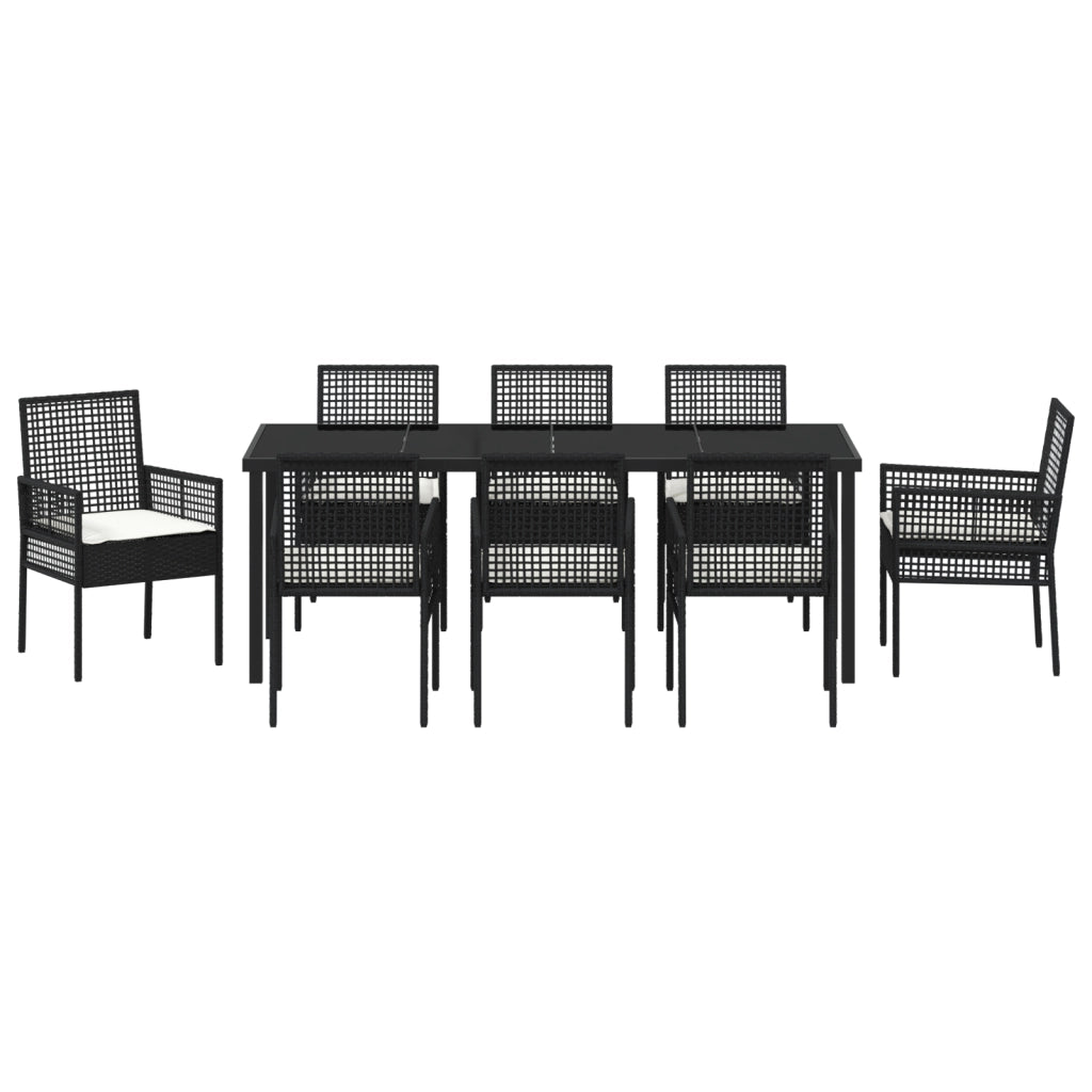 Set da Pranzo Giardino 9 Pezzi con Cuscini Nero Rattan