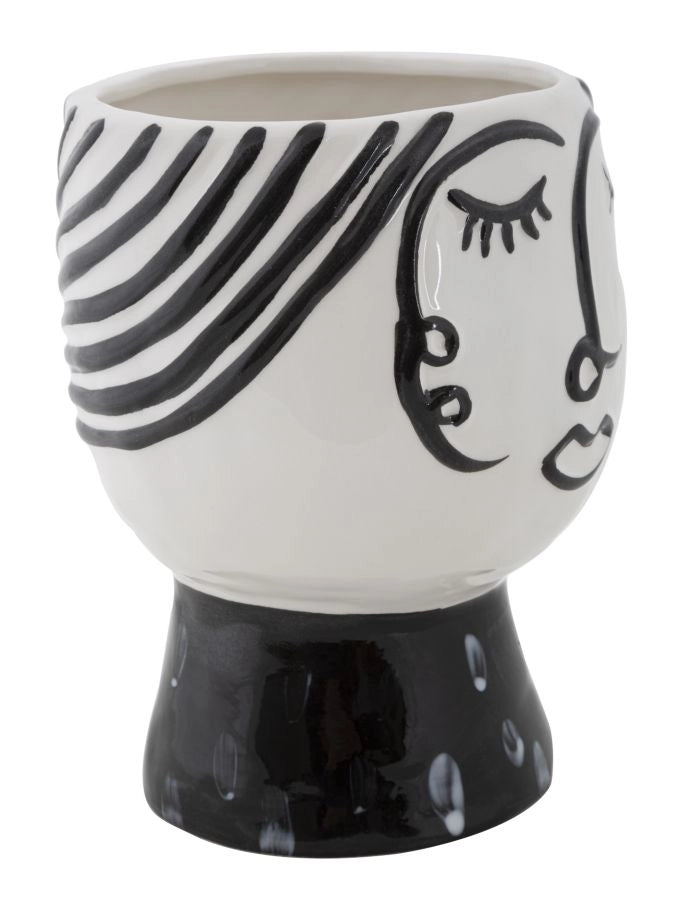 Vaso in porcellana bianco con disegno e base nero 14x18,2cm Pot Face