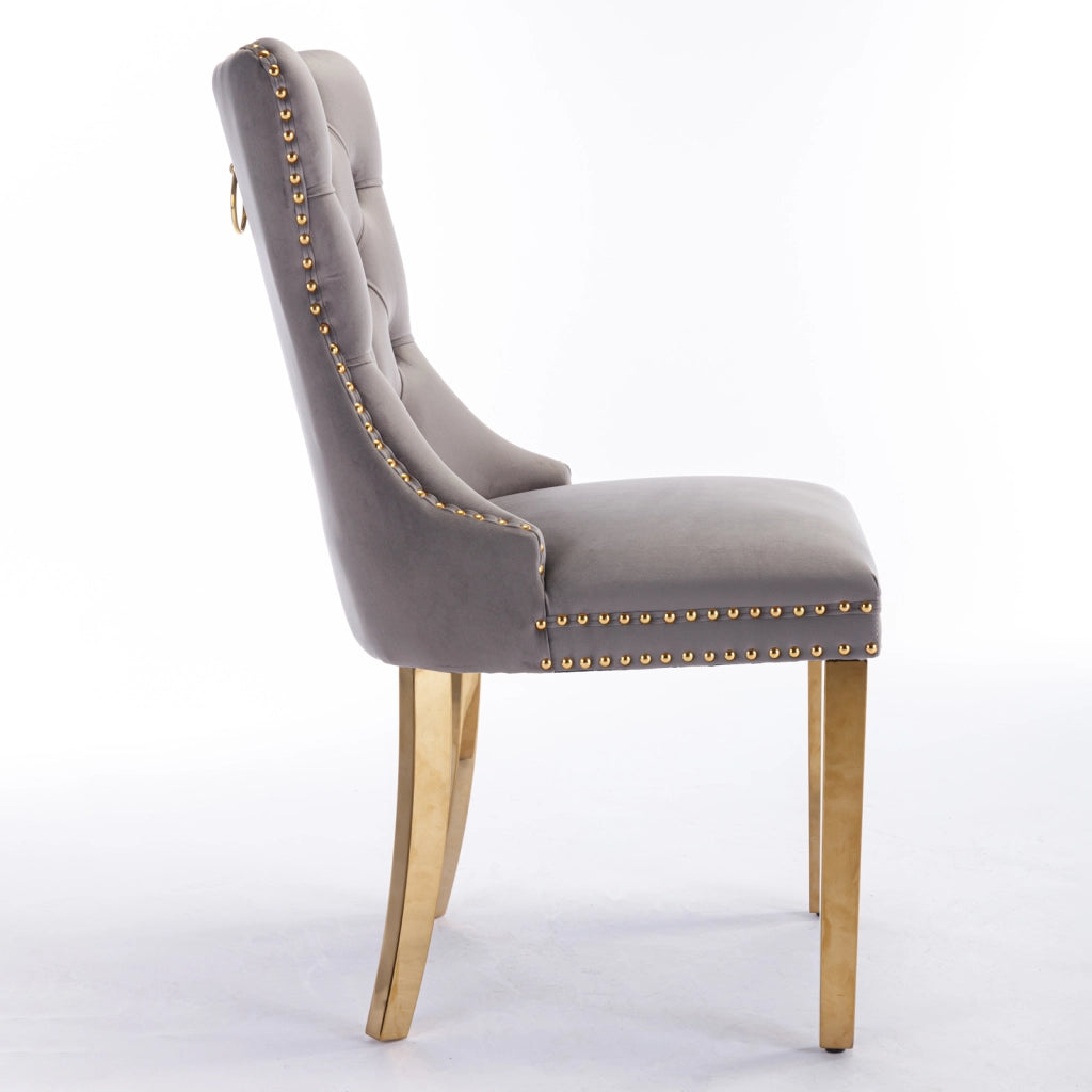 Sedie da Pranzo Imbottite in Velluto ¨C MINIMAL ¨C Set 2 Pezzi, Legno Massello, Gambe Oro, Grigio