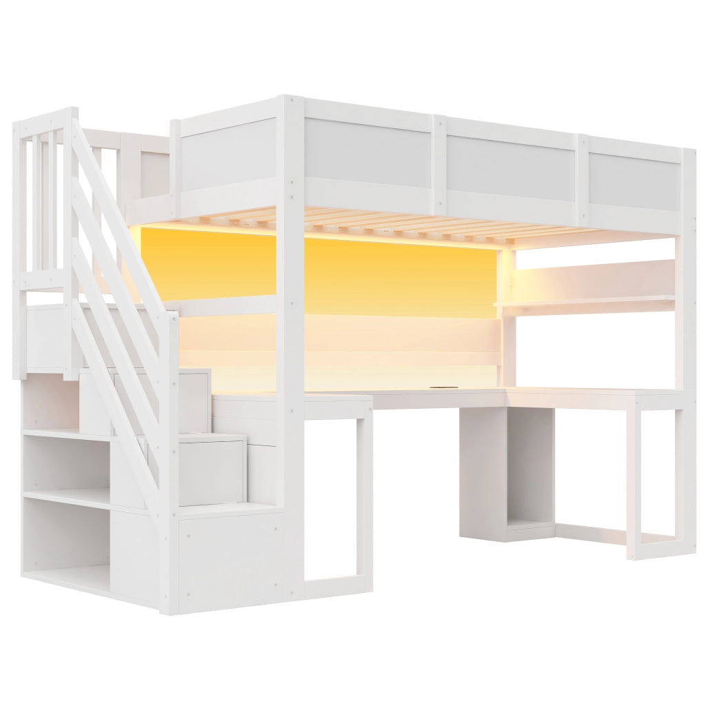 Letto a soppalco gaming 90x200 cm con scrivania; scala contenitore; LED e USB; MDF e compensato bianco