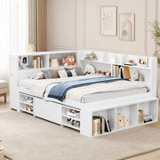 Letto per bambini multifunzione 140x200 cm con cassetti; ripiani e rete a doghe; bianco