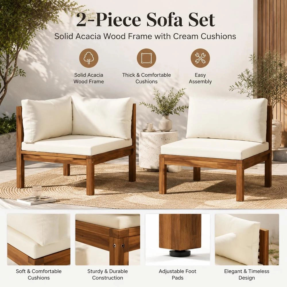 2-piece Sofa Set With Cream-white Cushions, Solid Acacia Wood