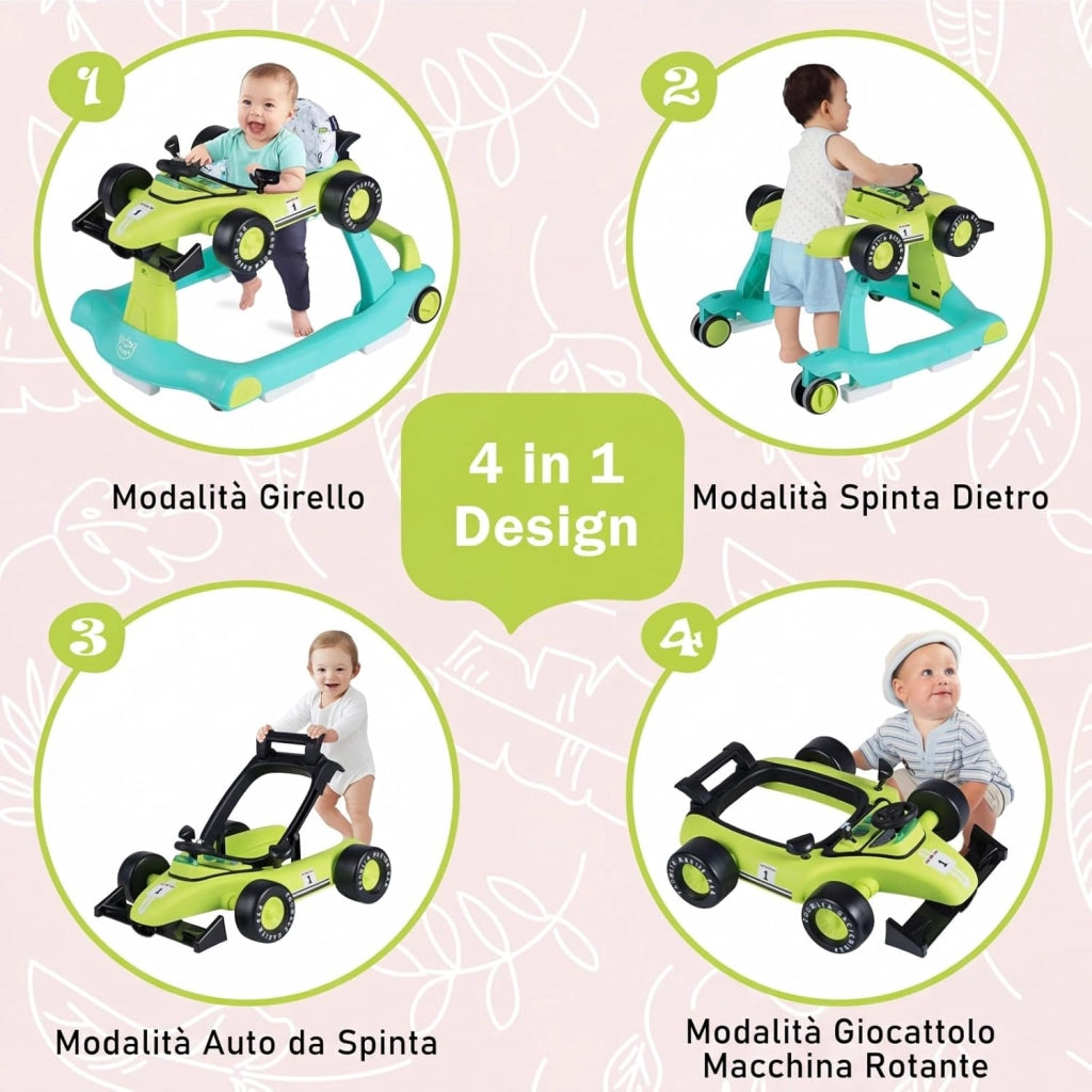 Girello per Bambini 4 in 1, Girello Pieghevole con Altezza e Velocità Regolabili, Carillon con Luci, Volante, Primi Passi per Bambini 6-18 Mesi, Portata 12 kg (Verde)