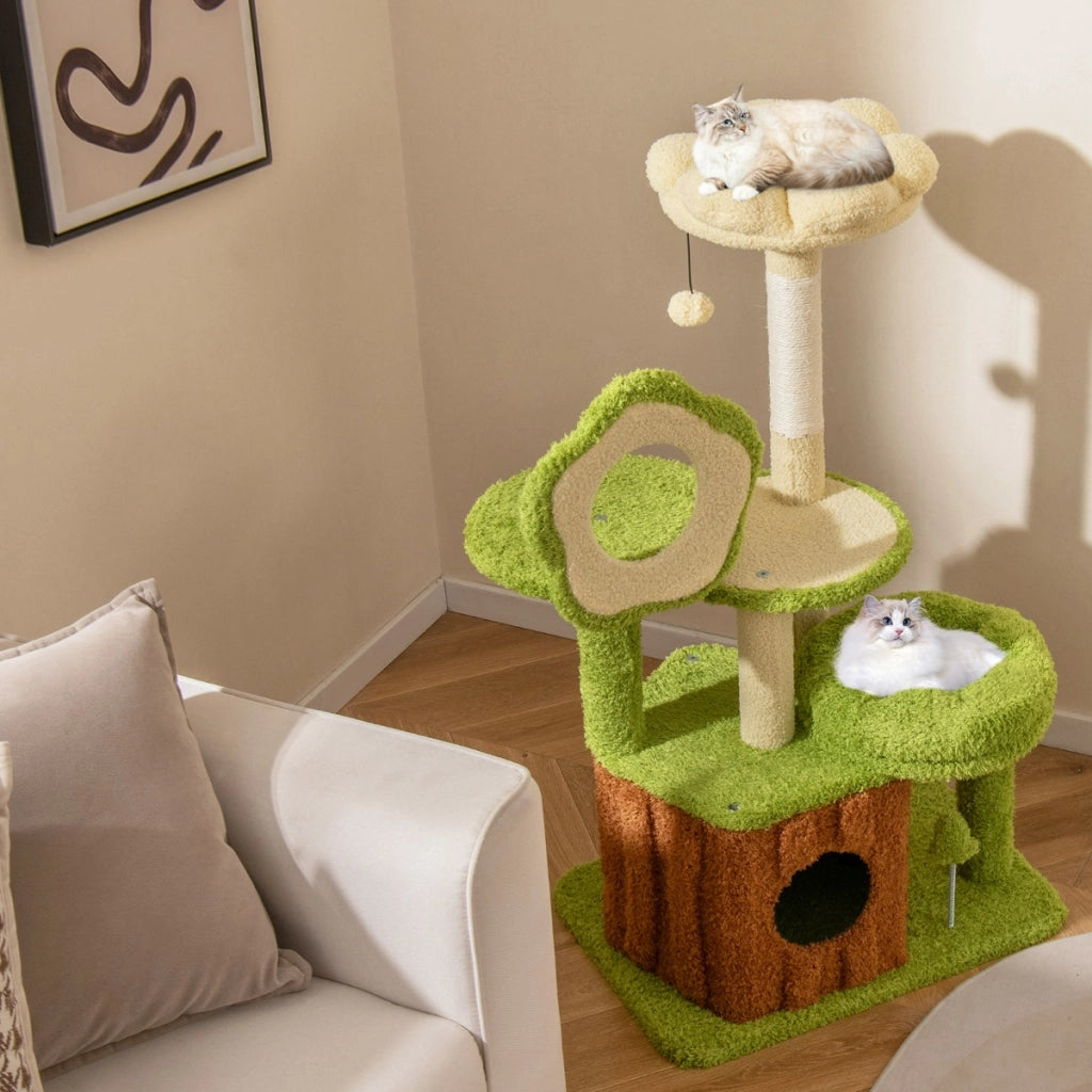 Torre multilivello per gattini con condominio tronco e giocattolo a molla, Centro di attivit¨¤ da interno per animali Verde-Alberi Tiragraffi