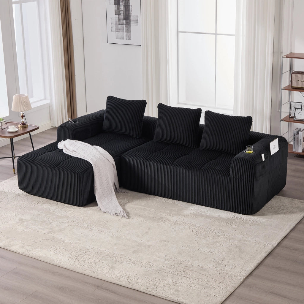 Divano modulare in corduroy con tasche laterali e portabicchieri, cuscini inclusi per soggiorno e studio, nero