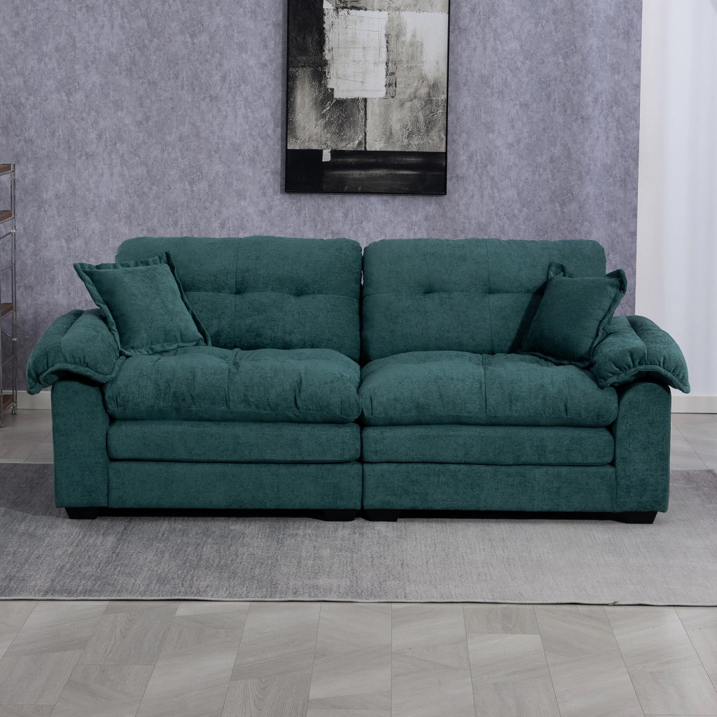 Divano set 2 pezzi in ciniglia con seduta profonda e cuscini decorativi per soggiorno e ufficio verde