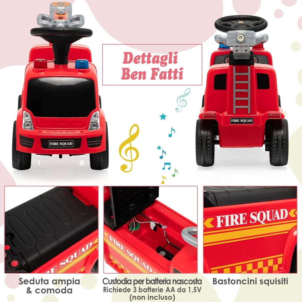 Giocattolo Cavalcabile a Spinta per Bambini, Camion dei Pompieri per Bambini con Funzione Bolla Musica Luci Allarme, per Bambini 18-36 Mesi (Rosso,1)