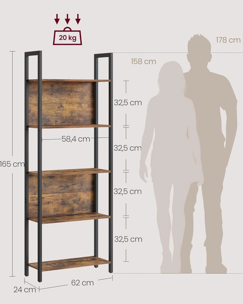 VASAGLE Libreria, scaffale da cucina, 5 livelli, telaio in acciaio stabile, per ufficio, ingresso, soggiorno, stile industriale, marrone rustico e nero LLS025B01