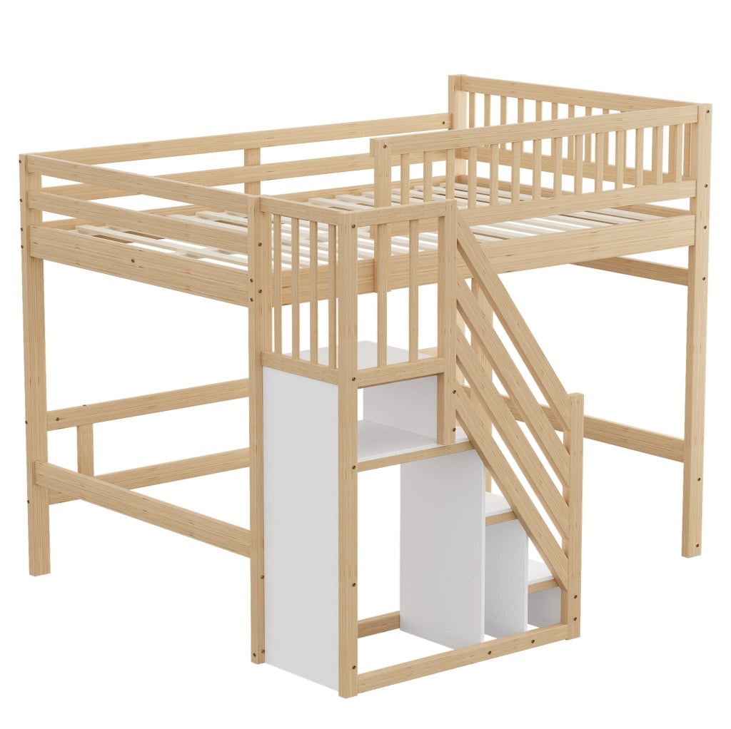 Letto singolo rialzato 140x200 cm in legno naturale con scala contenitore e sponda alta